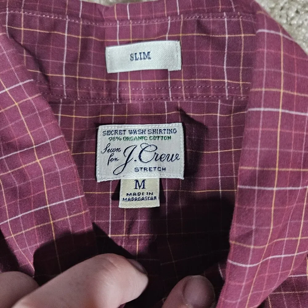J Crew Stretch Slim Button Down Mens Medium Red Check Long Sleeve Organic